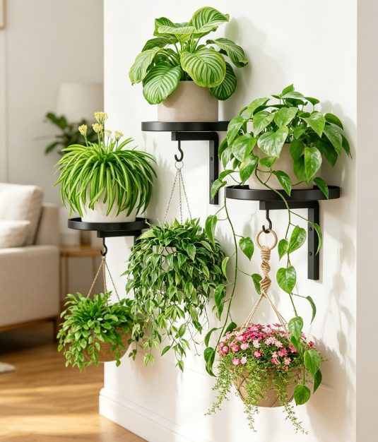 Wall Plant Holder Set, 3-Pack Metal Hanging Display with Hooks for Indoor Outdoor