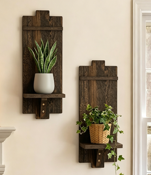 Wooden Wall Plant Holders, 2-Pack Rustic Hanging Planters for Indoor Outdoor
