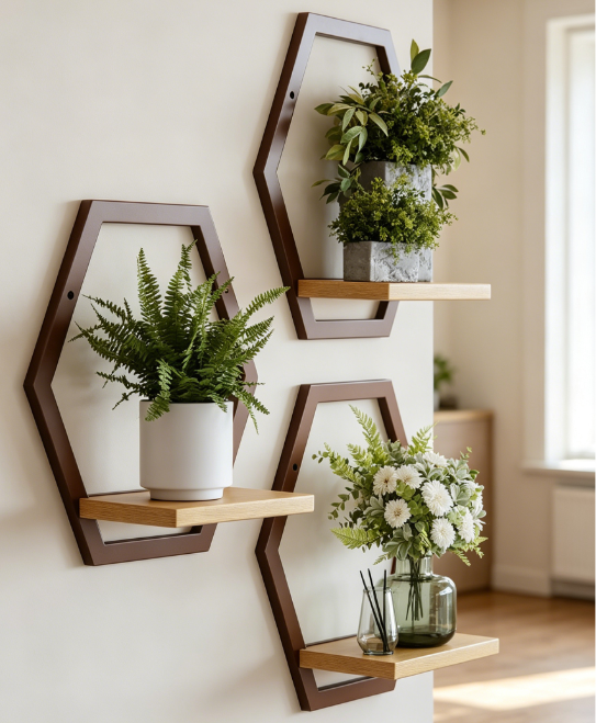 Wood and Metal Wall Plant Shelves, 3-Pack Heavy Duty Hanging Planter Stands - Image 2