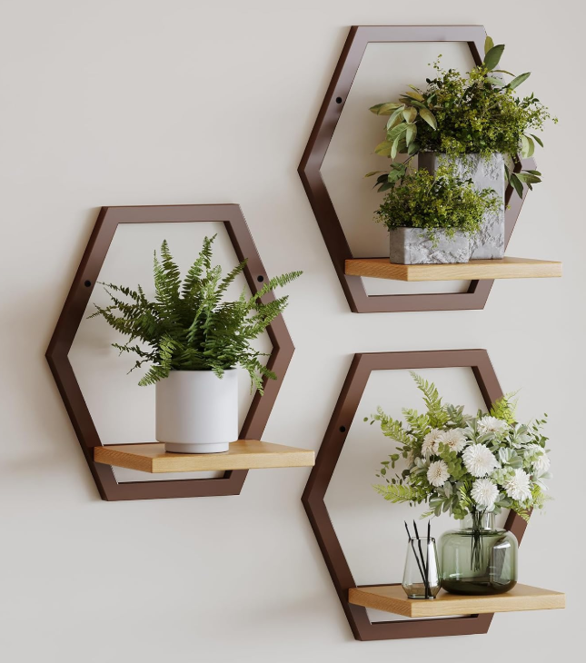 Wood and Metal Wall Plant Shelves, 3-Pack Heavy Duty Hanging Planter Stands