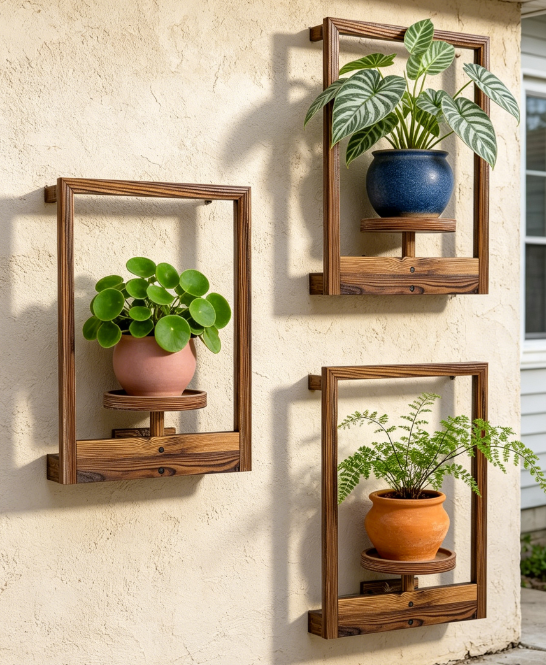 Wooden Floating Wall Shelves, 3-Pack Planter Display for Indoor Plants - Image 2