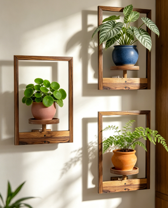 Wooden Floating Wall Shelves, 3-Pack Planter Display for Indoor Plants