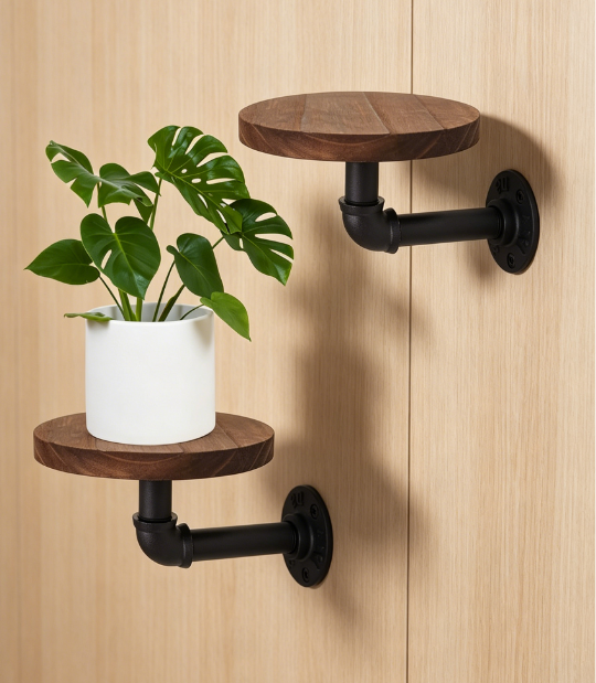 Round Floating Wall Shelves, 2-Pack Wooden Display Racks for Plants and Decor - Image 2