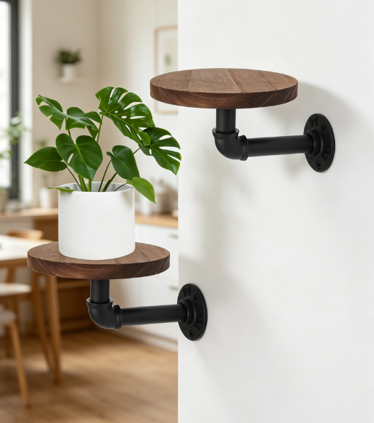 Round Floating Wall Shelves, 2-Pack Wooden Display Racks for Plants and Decor