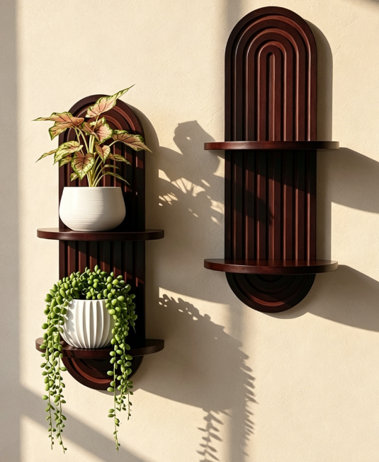 Arched Wooden Plant Shelves, 2-Pack Floating Wall Planter Display