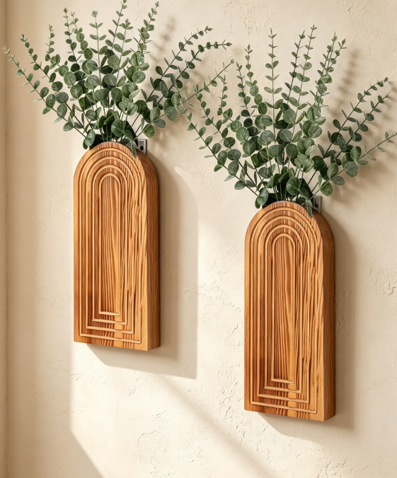 Wooden Wall-Mounted Vase Set — 2-Piece Hanging Decor
